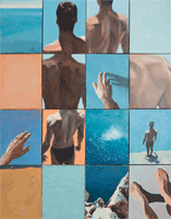 oil painting of undecided male figure on cliff above sea, suspension in time, diver in 16 panels